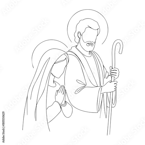 Mary and Joseph journey line art depicting biblical travel scene with holy figures, rendered as continuous line illustration. Mary and Joseph journey features simple minimalist design for print.