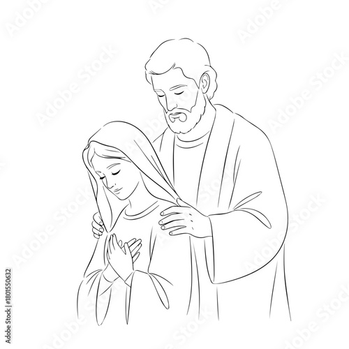 Mary and Joseph line drawing shows religious art with two figures in minimalist representation. Mary and Joseph line drawing depicts faith and simplicity.