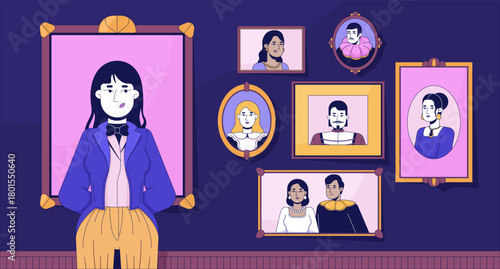 Aristocratic woman in gallery of baroque family portraits lofi wallpaper. Victorian noblewoman with noble lineage 2D cartoon flat illustration. Vector art image lo fi aesthetic color background