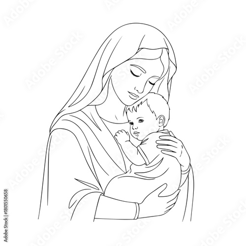 Line art depicting Mary holding Baby Jesus in her arms, symbolizing love and maternal care. The line art shows Mary holding Baby Jesus, ideal for religious or artistic themes.