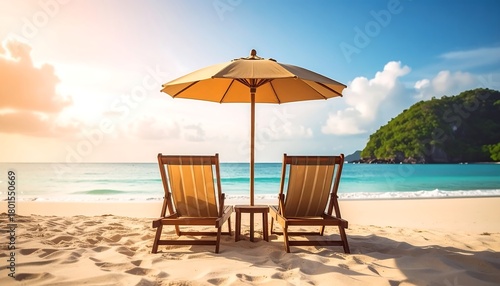 Beach with two chairs and an umbrella under a sunny sky with island, and light-colored sand