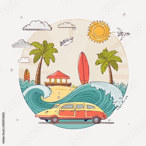 Whimsical circular illustration of a retro station wagon surfing on a giant wave during a tropical beach holiday