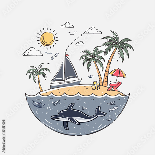 Tropical Island Paradise Sailing Adventure with Dolphin and Palm Trees Under the Sun's Rays