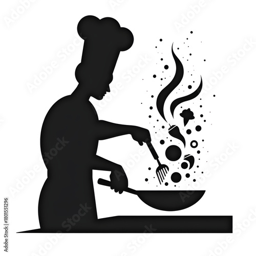 Culinary Silhouette: A chef in action, skillfully wielding utensils to create a culinary masterpiece, illustrated by food elements soaring skyward.