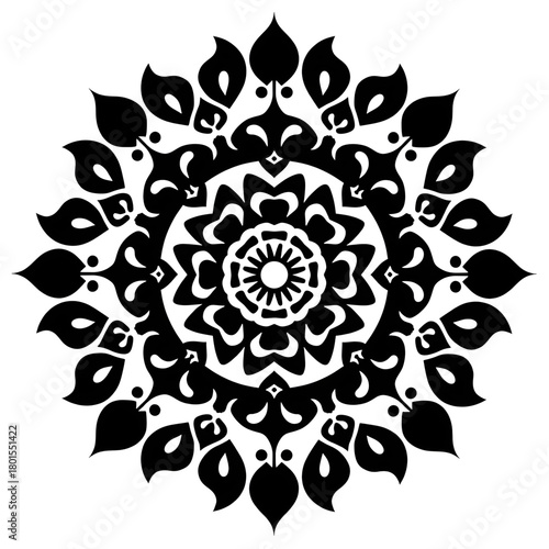 Ornate Mandala Design: A symmetrical, black and white mandala, a symbol of wholeness and spiritual harmony, radiating intricate floral patterns and geometric precision.