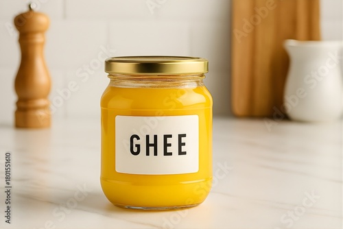 Glass jar of ghee on a marble kitchen. Culinary branding, product packaging, and healthy lifestyle.