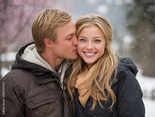 Snow kiss under mistletoe