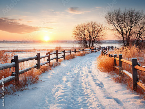 Snow covered fence in field