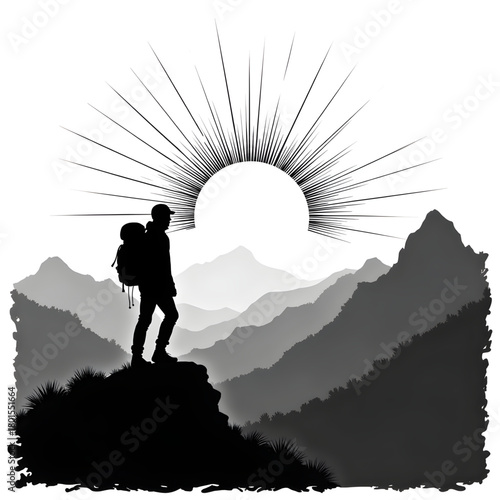 Silhouette of a Hiker in Mountains: The silhouette of a solitary hiker stands atop a mountain peak, silhouetted against a radiant sunburst, looking over layered mountain ranges. A symbol of adventure.