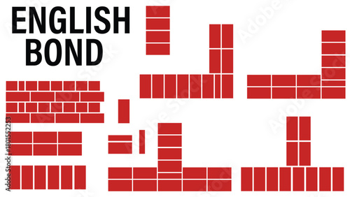 English Bond Brick Pattern Set — T-Junction, L-Junction and Queen Closer Masonry Layouts for Architectural Elevations, Facade Design and Construction Documentation
