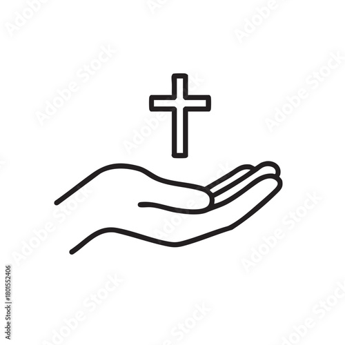 A delicate line drawing depicts a human hand gently cradling a christian cross symbol above it