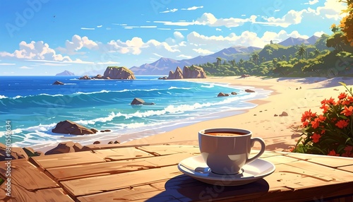 Beachside coffee. Bright sunny day, ocean view, cup of coffee on a wooden deck. Tranquil tropical scene