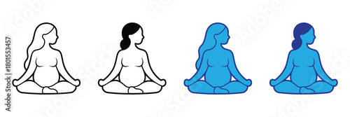 Four stylized illustrations of a pregnant woman meditating in a lotus pose, varying in outline and color, on a white background.