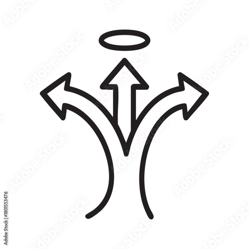a simple black and white line drawing depicts choices symbolized by diverging arrows with a halo above