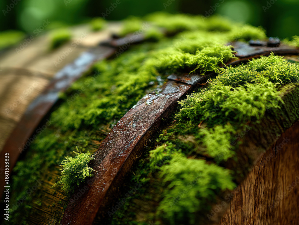 Obraz premium Weathered old wine barrel covered in moss