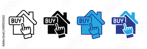 Click to buy house icon set, representing online real estate purchase and property acquisition, digital transaction, home buying process illustration.