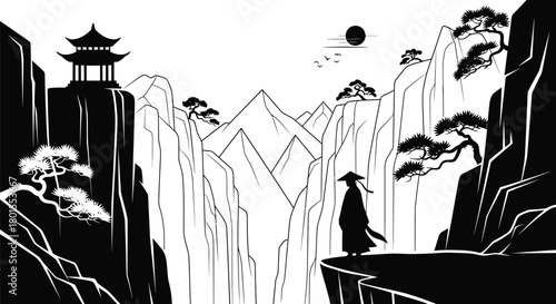 Black and white zen landscape with pagoda and monk vector illustration