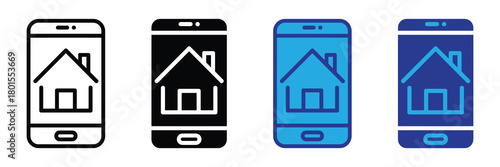 Collection of four stylized smartphone icons, each displaying a house silhouette, representing smart home technology and mobile connectivity concepts. they vary in color and design.