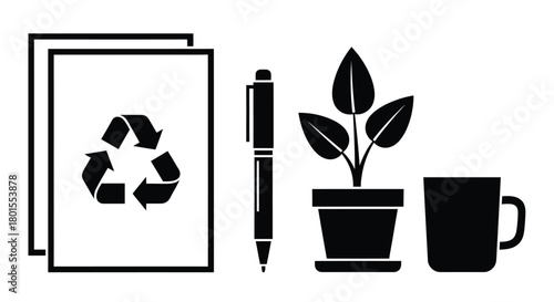 Recycle paper office supplies plant and mug in black and white vector