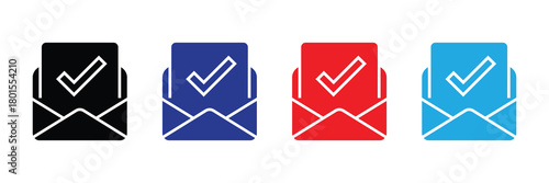 Set of four notification icons: black, blue, red, and light blue envelopes with checkmarks, symbolizing success, approval, or confirmation, isolated on white.