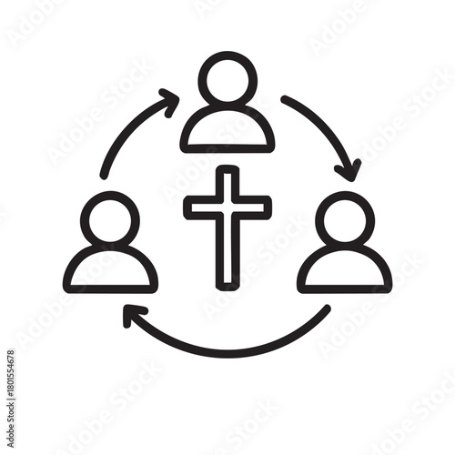 A circular diagram depicting people surrounding a cross showing connections and community in faith high quality