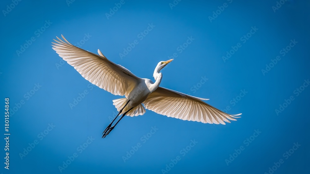 Obraz premium Graceful great egret soars through the clear blue sky, wings fully extended, showcasing its impressive wingspan and elegant flight in natural habitat
