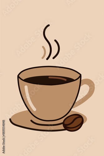Illustration of a steaming cup of coffee with a coffee bean on a saucer