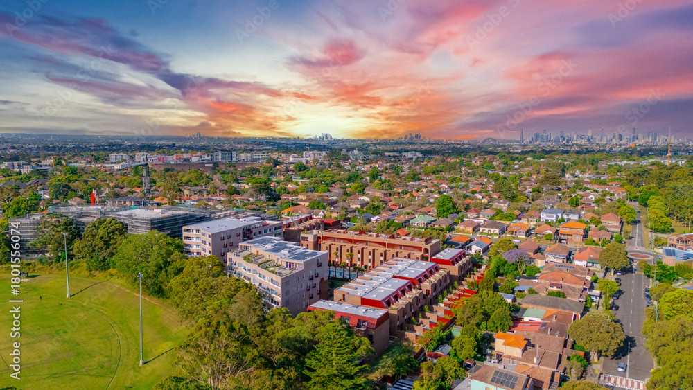 Fototapeta premium Aerial Panorama Drone View of a inner western Sydney Suburb of Ashbury Urban Sprawl and the terracotta roof tops streets and trees of Suburban Sydney NSW Australia
