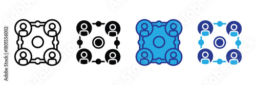 Abstract icon representing a network of four people connected in a square formation around a central circle, symbolizing teamwork and communication.