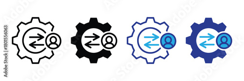 Set of gear icons with arrows and user silhouette representing workflow, process, exchange, and synchronization in business and technology settings