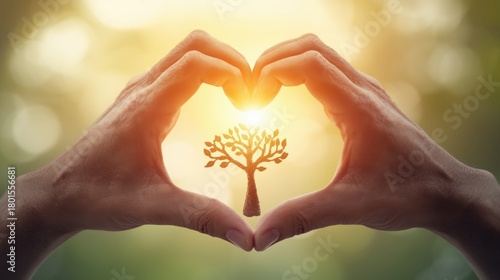 Eco energy initiatives promote green energy adoption nature reserve inspirational image sunlit environment hand heart gesture