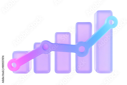 A 3d rendered bar graph showing upward trend with a colorful gradient line connecting the bars, , transparent background