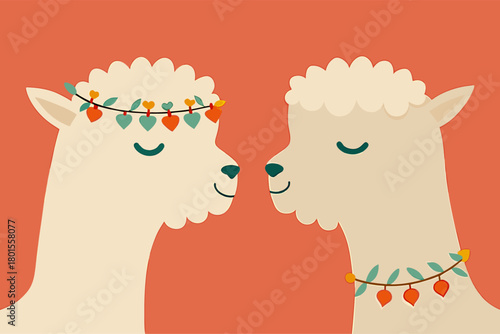 Charming Alpaca Couple Illustration with Floral Adornments