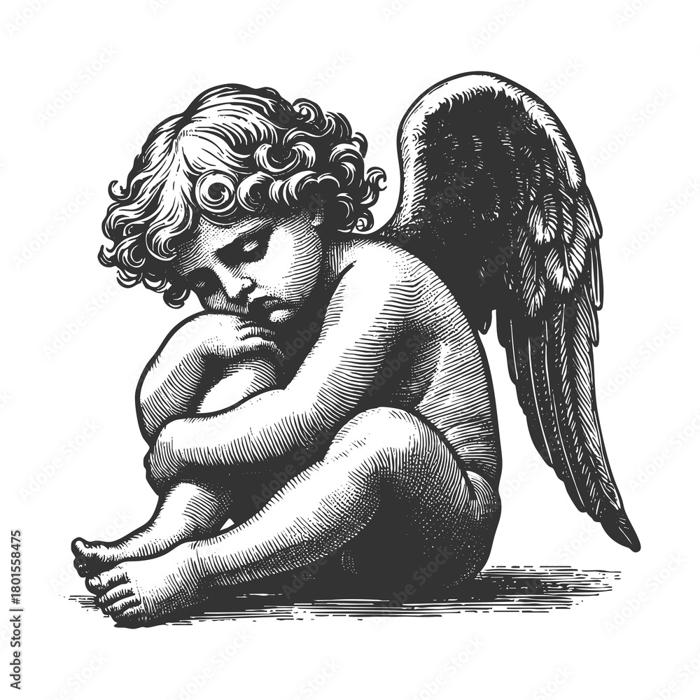 Obraz premium sorrowful cherub angel sitting with head bowed and wings folded sketch engraving generative ai fictional character raster illustration. Scratch board imitation. Black and white image.