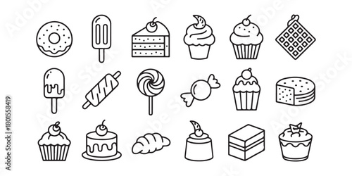 Collection of Hand Drawn Dessert Icons in Line Art Style Illustration