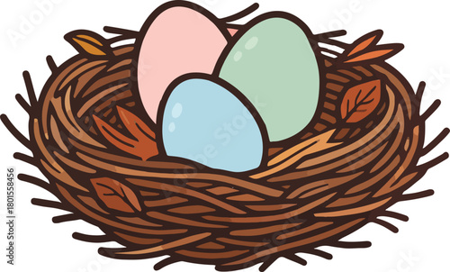 Colorful Easter eggs resting safely within a cozy woven nest