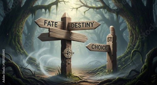Crossroad sign, Fate, Destiny, Choice, in a dark fantasy forest, daylight