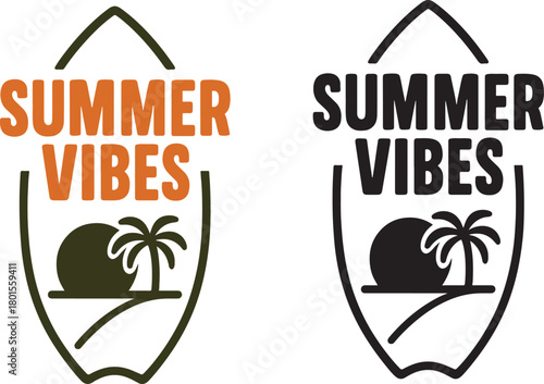 Summer vibes surfboard illustration with tropical design and good mood message