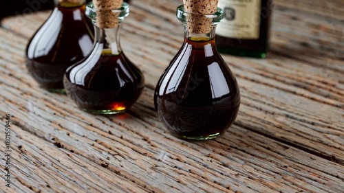 Balsamic vinegar bottles on rustic wooden table showcasing natural beauty and culinary elegance