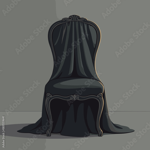 Mourning motifs depict covered chair with dark drapery in somber setting. Mourning motifs represent loss, grief, and remembrance,