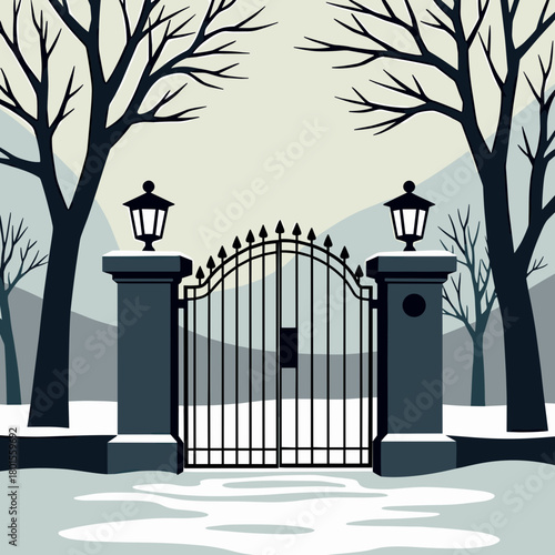 Illustration of mourning motifs featuring wrought iron gate with snowy landscape and bare trees. Mourning motifs concept emphasizes stillness of winter and somber colors of landscape,