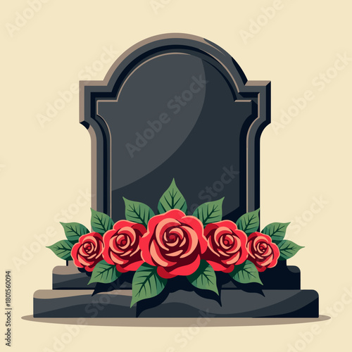 Tombstone, red roses and foliage evoke mourning motifs. Tombstone is set against beige backdrop, with roses arranged at base, suggesting grief, sadness, and remembrance.