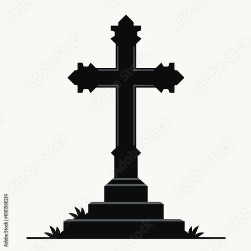 Mourning motifs show dark cross tombstone on white, embodying faith and remembrance. This sombre cross tombstone is a symbol of loss and reflection, representing grief.