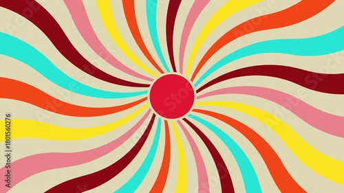 Vibrant rotating sunburst animation with wavy multicolor rays and a bold central circle, ideal for retro intros, motion graphics, and dynamic backgrounds. Looping 4K video