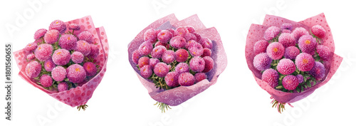 Watercolor set of pink bouquets wrapped in wrapping paper. Aster flowers wrapped in pink floral paper. Bouquets for gifts, congratulations. Romantic flowers for March 8, Mother's Day, etc.