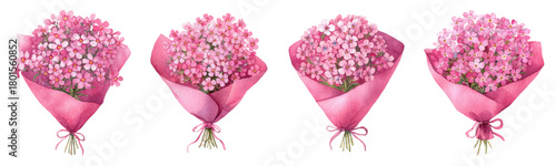 Watercolor illustration of pink flower bouquets wrapped in pastel paper. Delicate floral arrangements, soft petals, botanical clipart set isolated on white background. 
