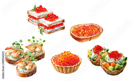 A set of Christmas snacks with red caviar and seafood. Christmas tartlets with cream cheese and salmon and avocado, sandwiches with caviar and shrimp. Elements of a buffet and catering.