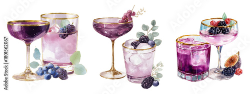 Set of vintage glasses with berry cocktails. Elegant glasses with gold decor decorated with blueberries, currants and figs with eucalyptus leaves. Vintage whimsical cocktails.