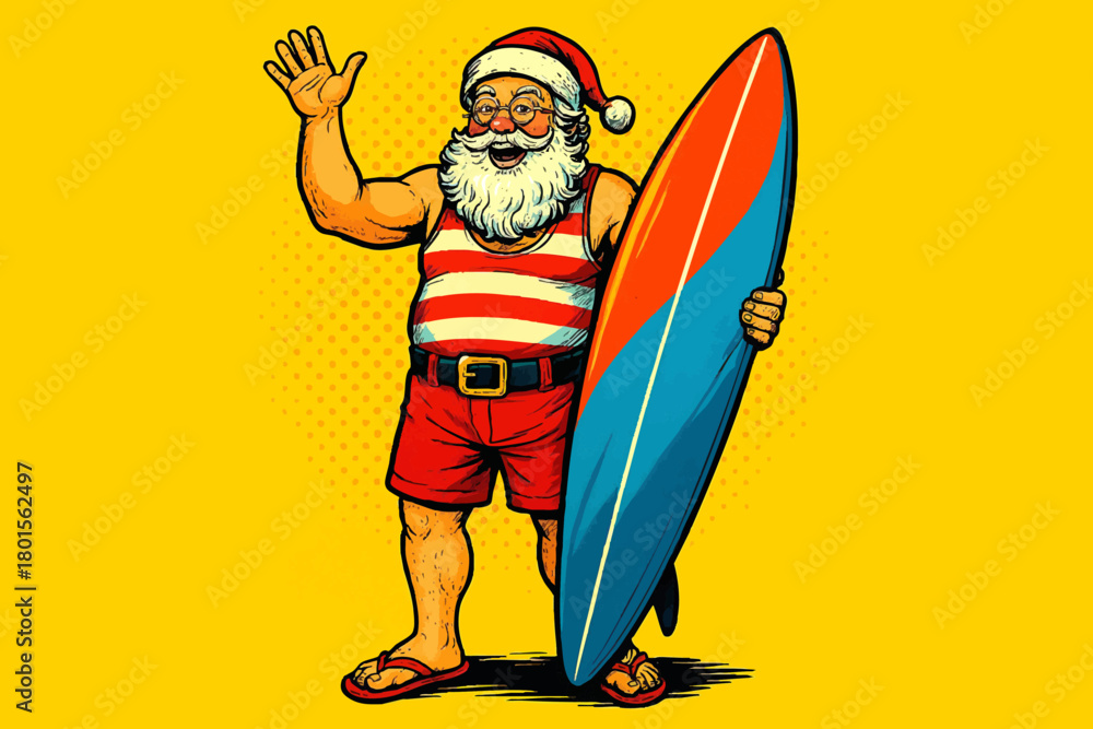 Fototapeta premium Santa Claus in summer beachwear holding a surfboard and waving, blending Christmas spirit with a tropical holiday vibe. Generative ai vector colorful pop art illustration.