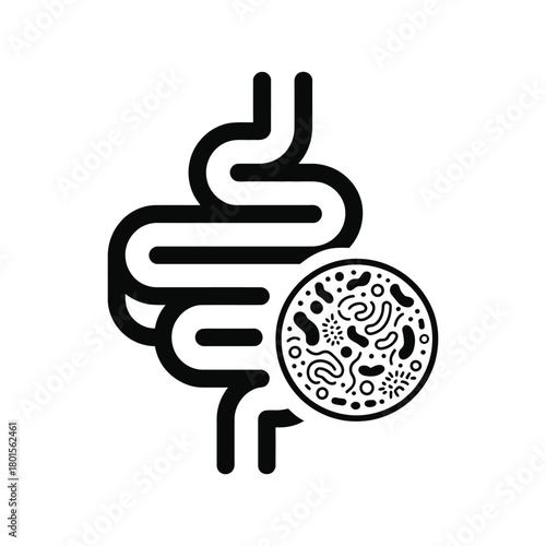 Gut Microbiome Icon - Intestine with Microorganisms, Probiotic, and Digestive Health Vector